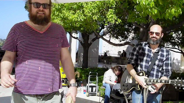 Tim and Andrew of Les Savy Fav in the Museum Courtyard at the Getty Center Sound check in the sun: Tim Harrington and Andrew Reuland of Les Savy Fav