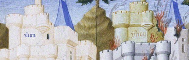 The Construction and Destruction of Troy in Cite de Dieu - detail of inscriptions on battlements / Orosius Master The Construction and Destruction of Troy in Cite de Dieu - detail of inscriptions on battlements / Orosius Master