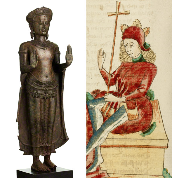 Left: Crowned Buddha, Cambodian, Angkor period, 1100s, bronze. National Museum of Cambodia, Phnom Penh. Right: King Avenir and Josaphat in Conversation (detail) in Barlaam and Josaphat, Follower of Hans Schilling, 1469. The J. Paul Getty Museum, MS. LUDWIG XV 9, fol. 320v