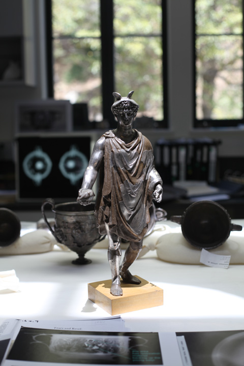 Statuette of Mercury from the Berthouville Treasure in the antiquities conservation studios at the Getty Villa
