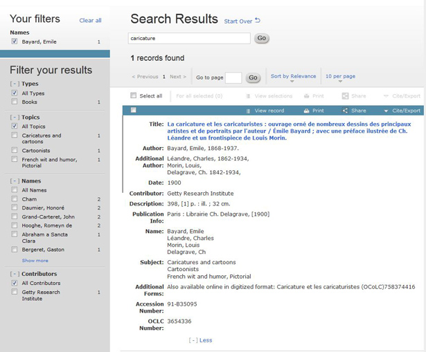 Screen capture of the Getty Research Portal, showing a detailed result