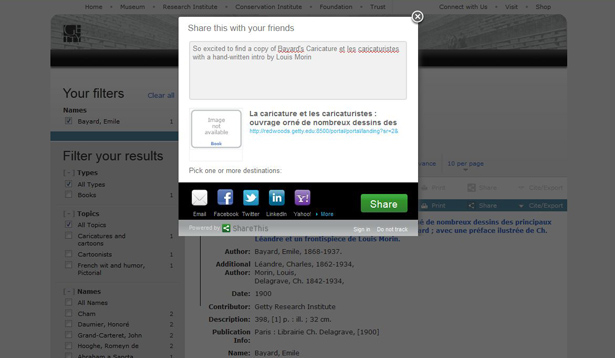 Screen capture of the Getty Research Portal, showing how to share a resource on a social network