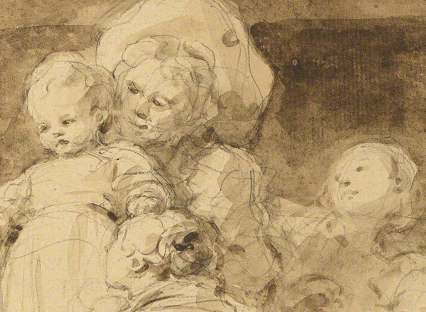 Detail of underdrawing and washes of figural group in Making Fritters (Les Beignets) / Jean-Honoré Fragonard Detail of underdrawing and washes of figural group in Making Fritters (Les Beignets) / Jean-Honoré Fragonard