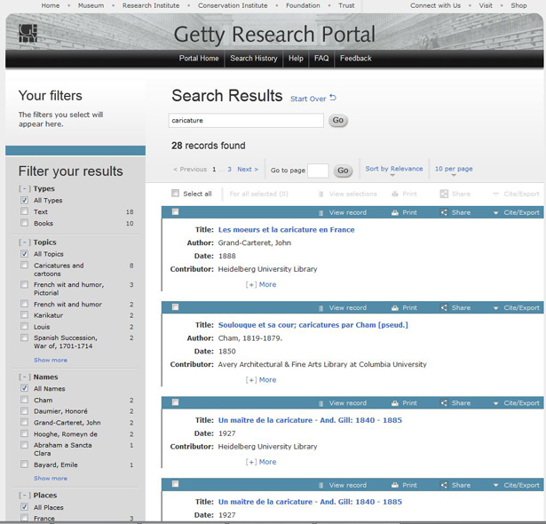 Screen capture of the Getty Research Portal, showing the results and filter screen