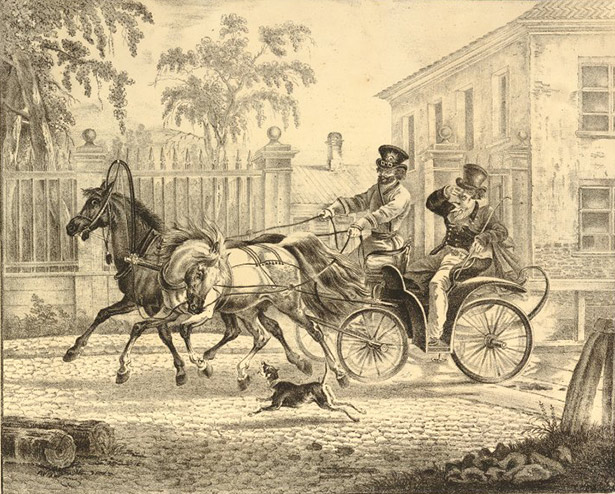 A Dandy in a Droshki Peering through a Monocle as One of the Two Horses Is Frightened by a Barking Dog / J G Ashley A Dandy in a Droshki Peering through a Monocle as One of the Two Horses Is Frightened by a Barking Dog / J G Ashley
