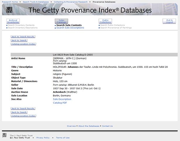 Getty Provenance Index – sample query result for St. John the Baptist