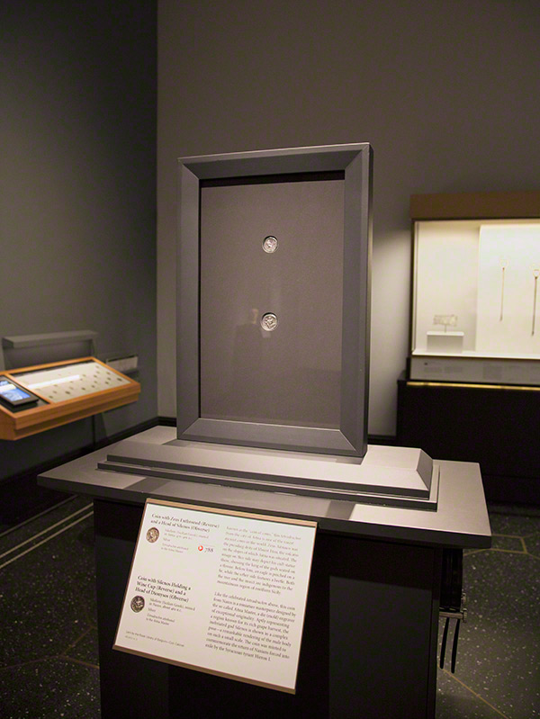 Double-sided coin frame in the Sicily exhibition at the Getty Villa Double-sided coin frame in the Sicily exhibition at the Getty Villa