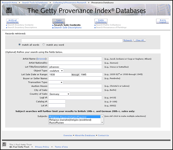 Initial query screen of the Sales Catalogs database within the Getty Provenance Index