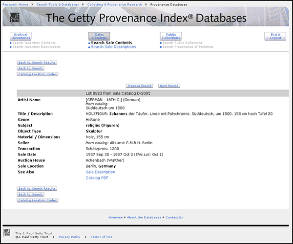 Sample result within the Sales Catalog database for the sculpture of Saint John the Baptist now owned by the Getty Museum.