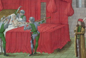 Permalink to Medieval Reading for Our Favorite “Game of Thrones” Characters The King of Cyprus Killed by His Brothers, from Froissart’s Chronicles (Book Three), Master of the Getty Froissart, 1480-83. Tempera colors, gold leaf, gold paint, and ink on parchment, 18 7/8 x 13 ¾ in. (48 x 35 cm). The J. Paul Getty Museum, Ms. Ludwig XIII 7, fol. 80