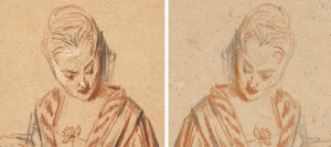Permalink to Watteau’s Elegant Ladies, Reunited Lady and her mirror image. Details of original and counterproof of Seated Woman with a Fan (details), early 18th century, Jean-Antoine Watteau. Image left: The J. Paul Getty Museum, 82.GB.164. Image right: Collection Ariane and Lionel Sauvage