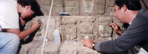 Permalink to Advancing Conservation Practice, One Intern At a Time Former intern Elsa Bourguinon with GCI’s Tom Roby working on the Hieroglyphic Stairway at Copán, Honduras in 2001. Photo: Richard Ross