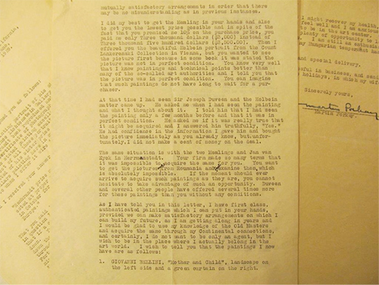 Letter from Martin Porkay to Knoedler calling off the sale of Renaissance masterpieces