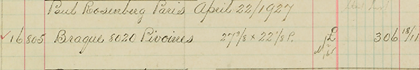 Scan of a Knoedler stock book page noting the first sale of paintings by Braque