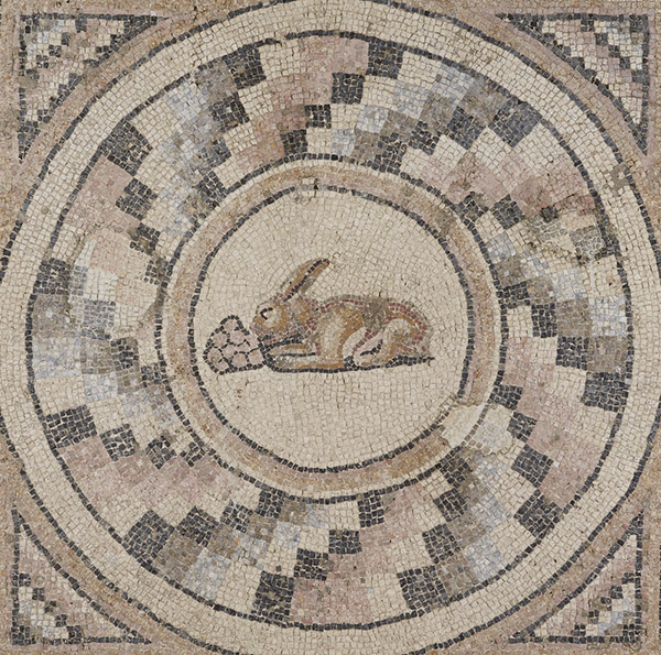 Hare with grapes mosaic originally located in the Bath of Apolausis near Antioch, Syria (present-day Antakya, Turkey). Stone tesserae, 101 1/4 × 268 5/8 in. The J. Paul Getty Museum