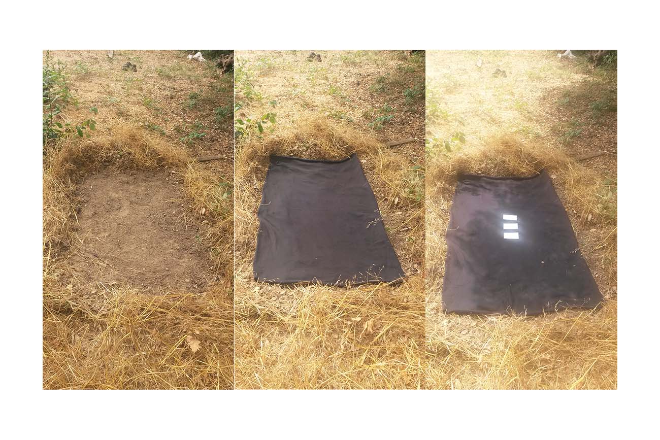 Three side-by-side images: (left) rectangular space of cleared earth; (center) a black cloth covers the cleared earth; (right) three notecards sit on the cloth. Three side-by-side images: (left) rectangular space of cleared earth; (center) a black cloth covers the cleared earth; (right) three notecards sit on the cloth.