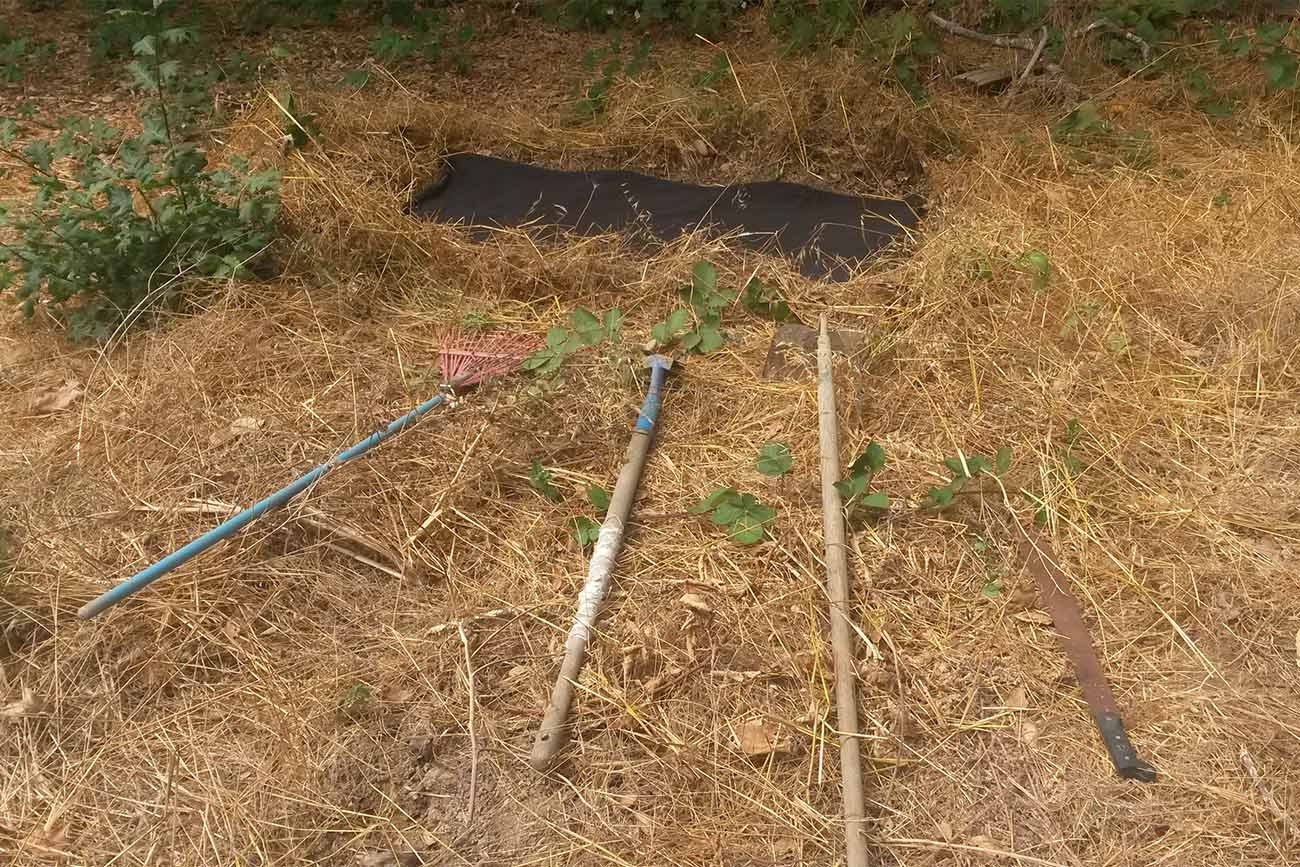 Four gardening tools lie next to a rectangular black cloth. Four gardening tools lie next to a rectangular black cloth.
