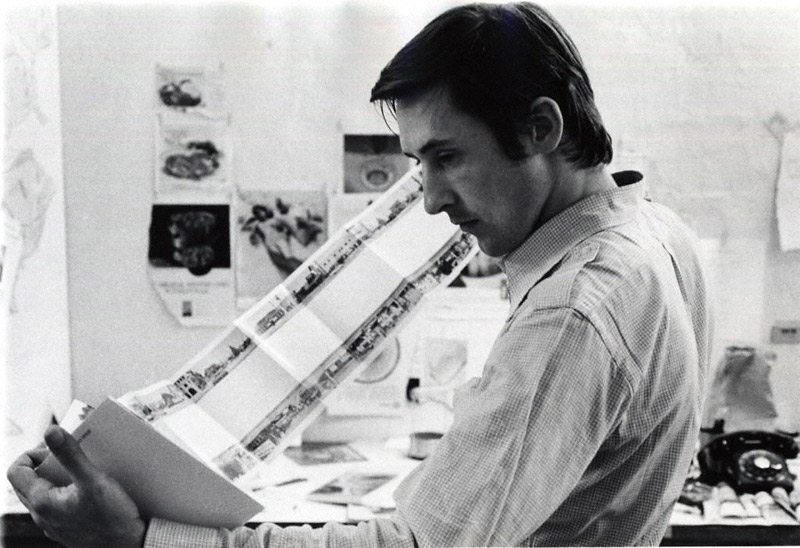 Ed Ruscha holding his book Every Building on the Sunset Strip