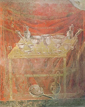 Wall painting from Pompeii showing silver vessels on a table