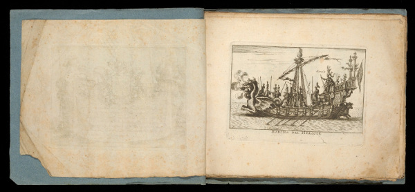 This bound suite of prints includes a title leaf and 18 etchings depicting a mock naval battle performed on the Arno River in Florence on November 3, 1608, in celebration of the wedding of Cosimo II, Duke of Tuscany, to Maria Maddalena of Austria.
