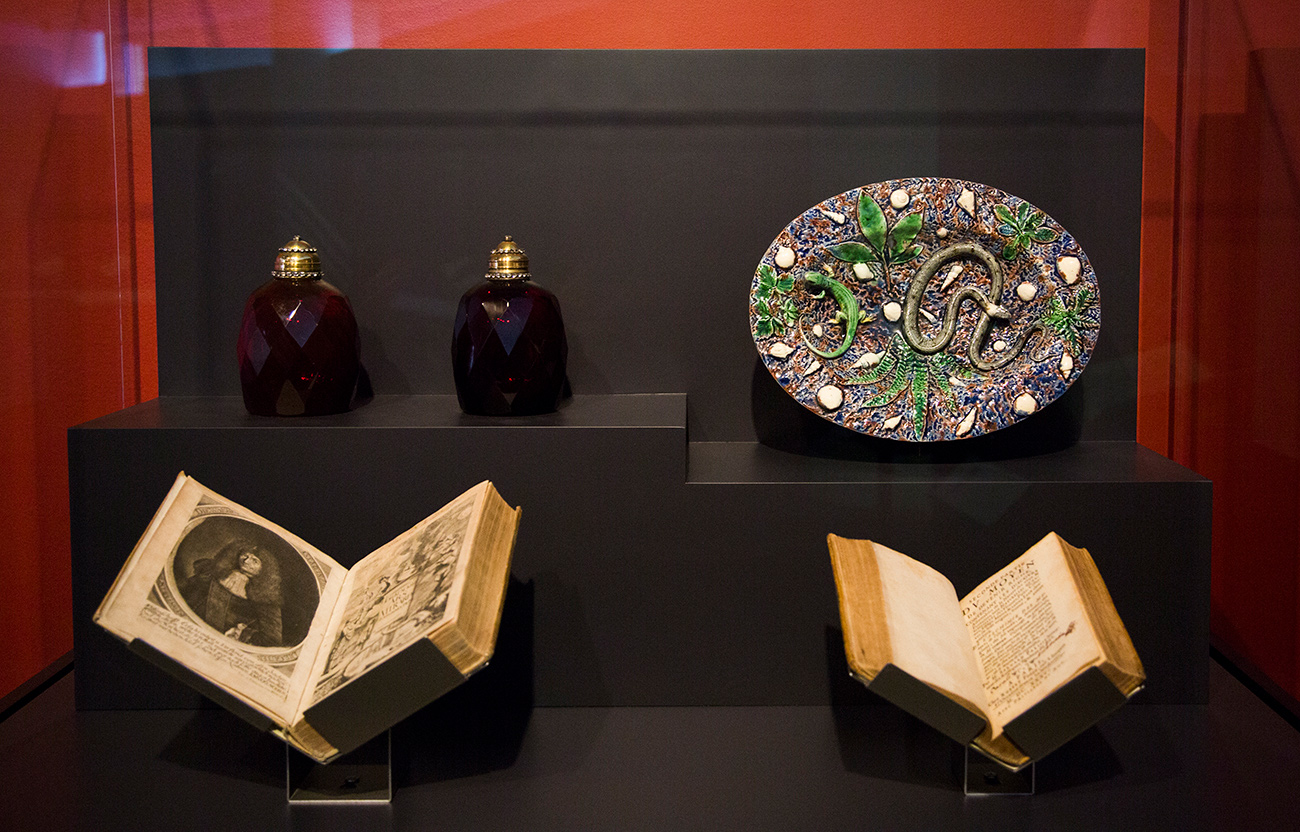A case with two early books, dark red glass bottles, and a painted oval plate with a lizard and snake in relief